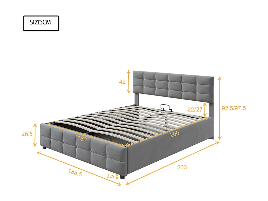 Cama tapizada180*200cm, somier, cama individual hidráulica, tejido de terciopelo holandés, gris