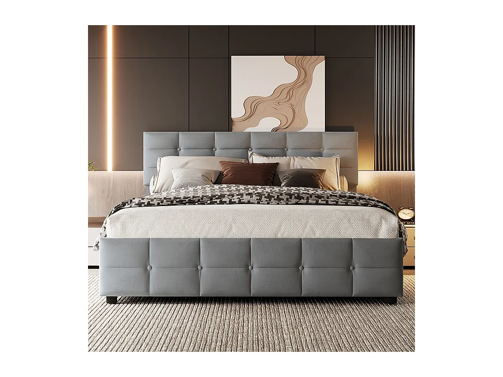 Lit rembourré180*200cm, sommier à lattes, lit simple hydraulique, tissu velours hollandais, gris