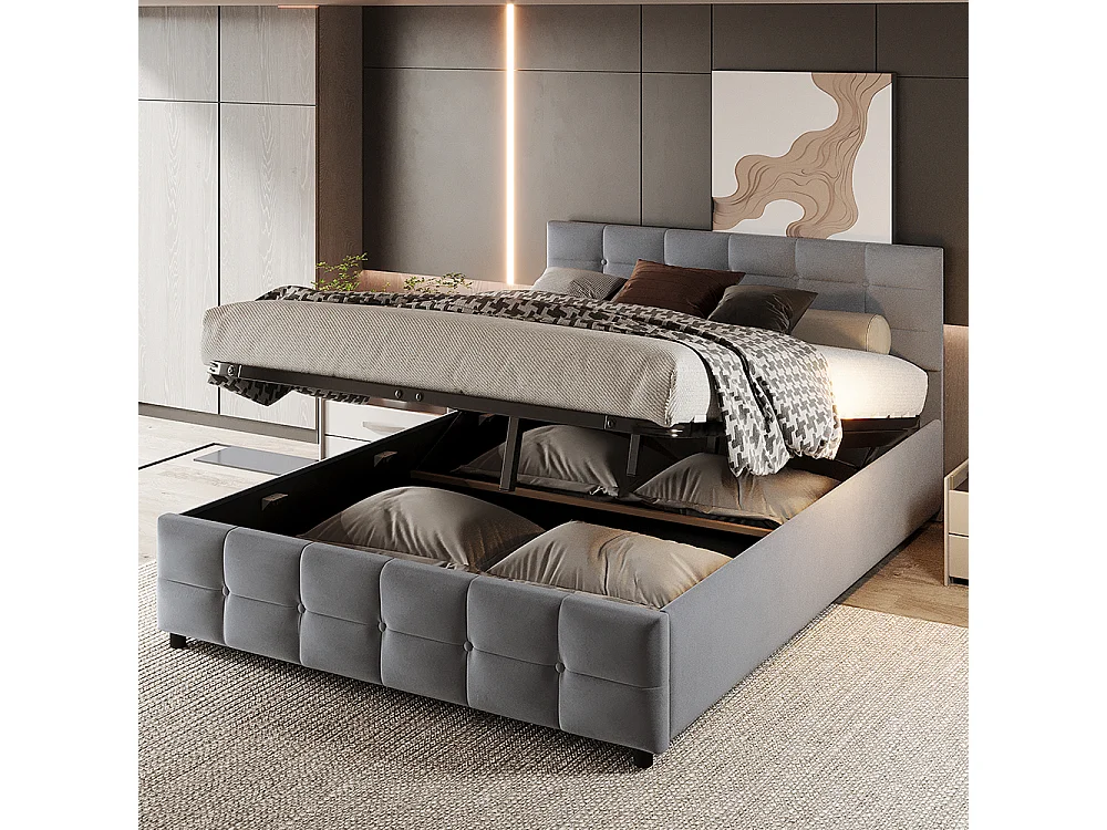 Cama estofada 180*200 cm, estrado de ripas, cama de solteiro hidráulica, tecido aveludado holandês, cinzento