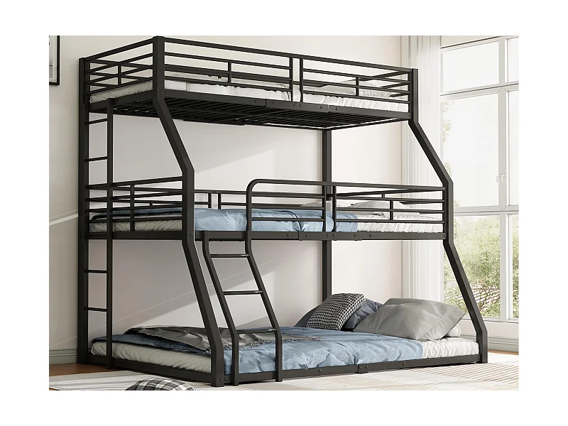 Dreifaches Etagenbett – 2 x 90 x 200 cm und 140 x 200 cm – Eisenrahmen – Schwarz