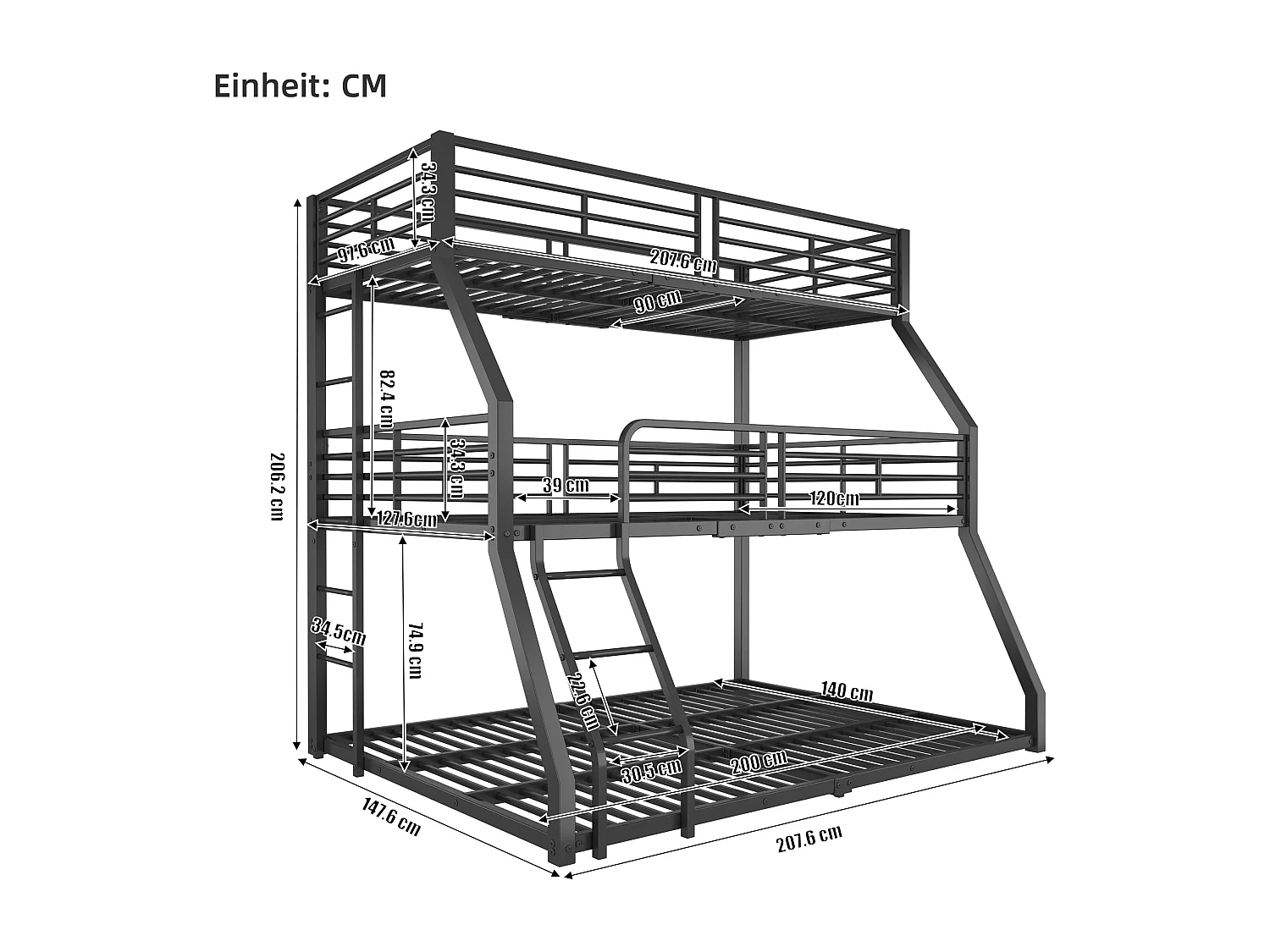 Litera triple - 2x90x200cm y 140x200cm - estructura de hierro - Negro
