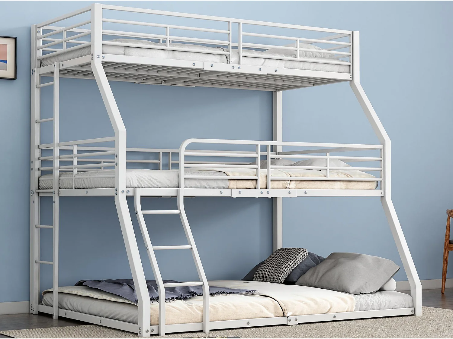 Lit superposé triple - 2x90x200cm & 140x200cm - cadre en fer - Blanc