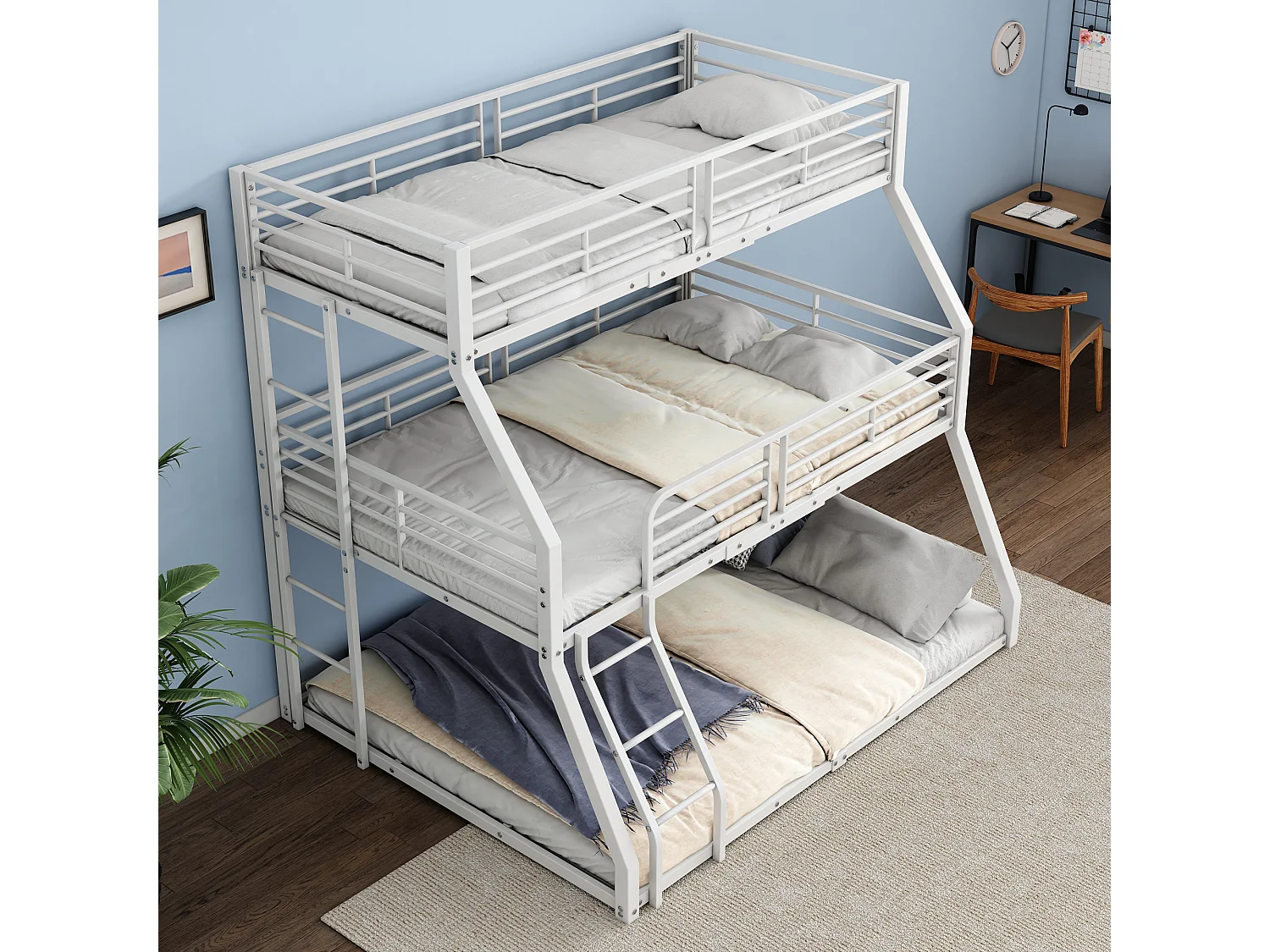 Lit superposé triple - 2x90x200cm & 140x200cm - cadre en fer - Blanc