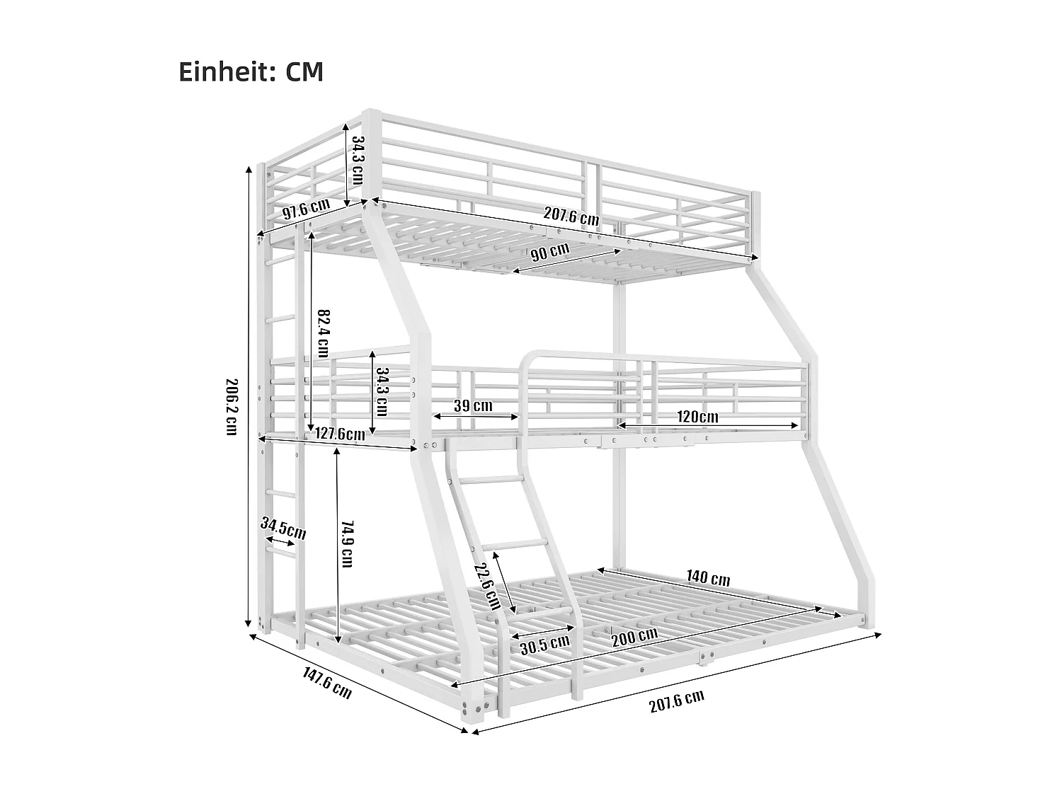 Lit superposé triple - 2x90x200cm & 140x200cm - cadre en fer - Blanc