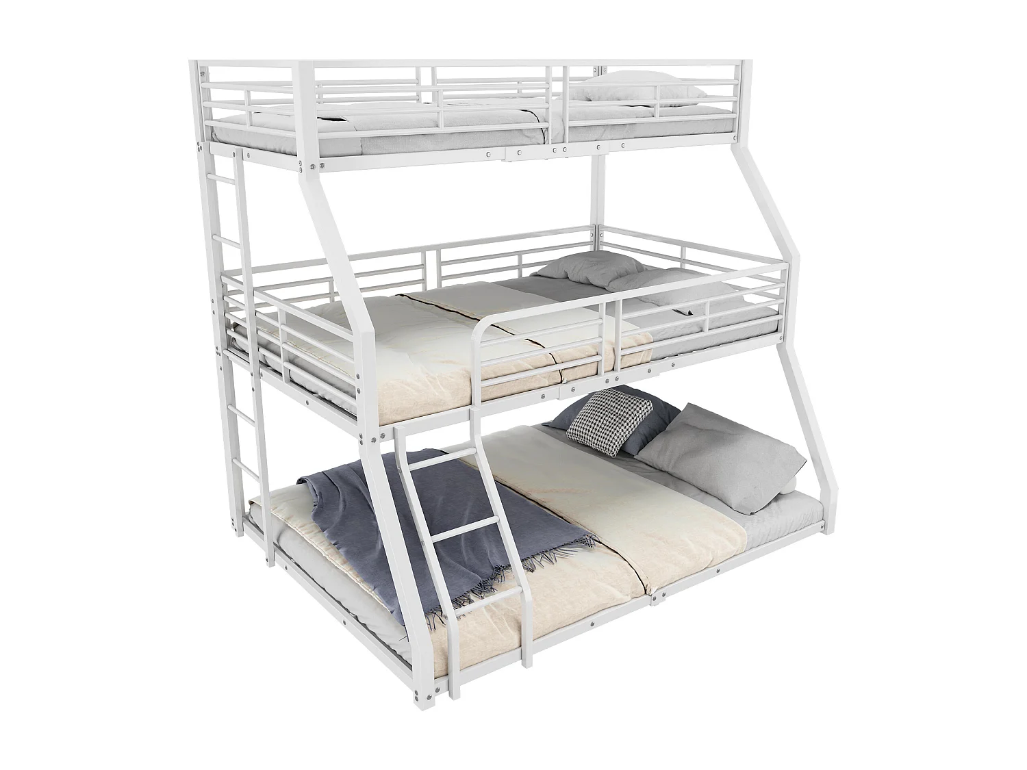 Lit superposé triple - 2x90x200cm & 140x200cm - cadre en fer - Blanc