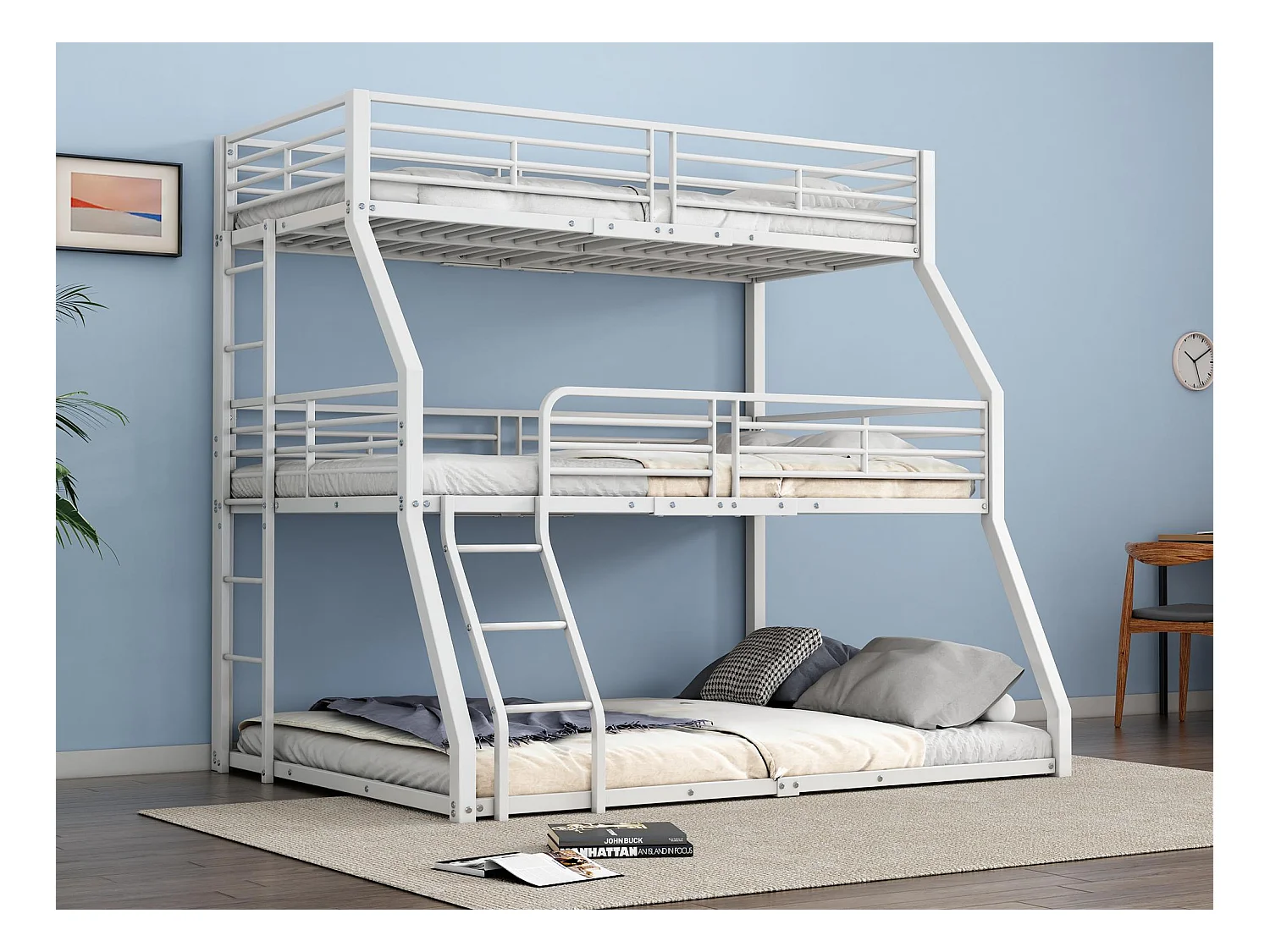 Dreifach-Etagenbett – 2 x 90 x 200 cm und 140 x 200 cm – Eisenrahmen – Weiß