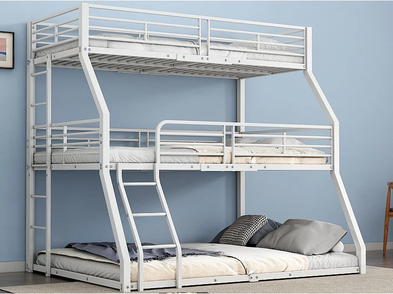 Lit superposé triple - 2x90x200cm & 140x200cm - cadre en fer - Blanc