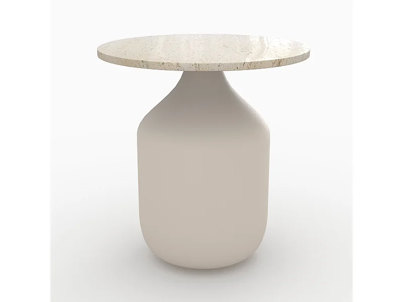 Mesa auxiliar redonda de travertino y metal beige - Louison