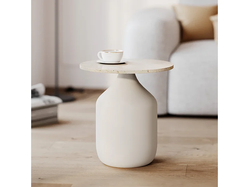 Tavolino rotondo in travertino e metallo beige - Louison