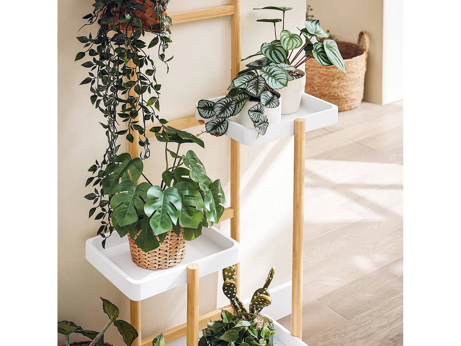 SoBuy STR13-WN Étagère à Fleurs Support de Pots de Fleurs Porte Plante en Bambou à 5 niveaux Présentoire de Jardin pour Intérieur et Extérieur, L31cm x P27cm x H130