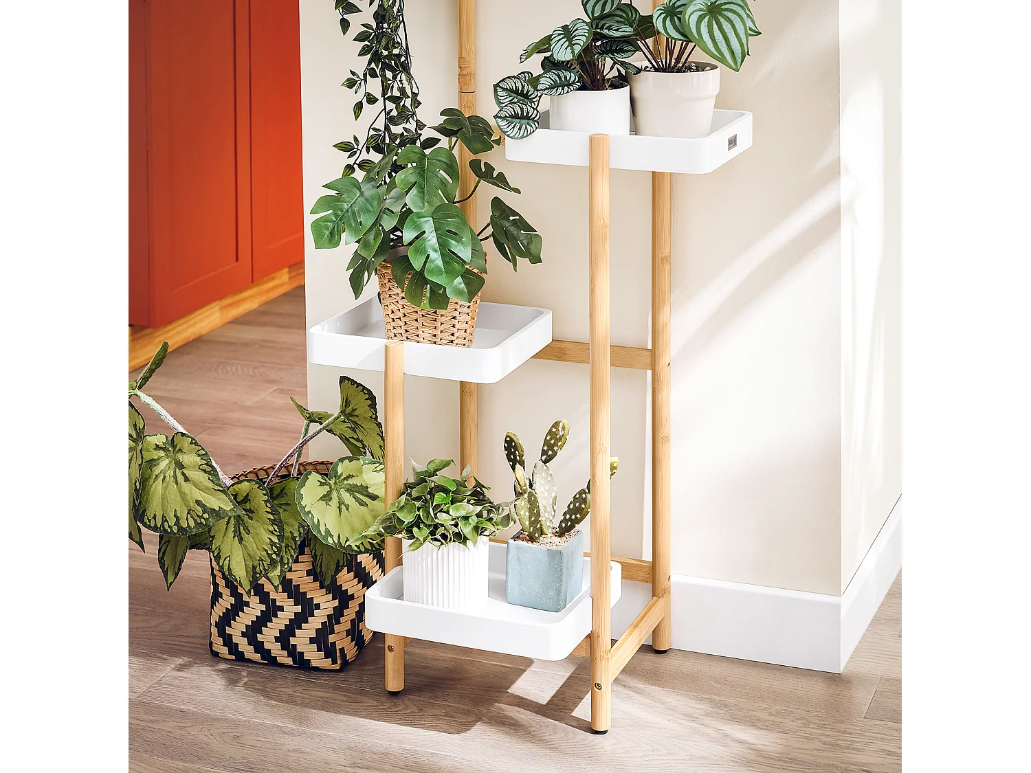 SoBuy STR13-WN Étagère à Fleurs Support de Pots de Fleurs Porte Plante en Bambou à 5 niveaux Présentoire de Jardin pour Intérieur et Extérieur, L31cm x P27cm x H130