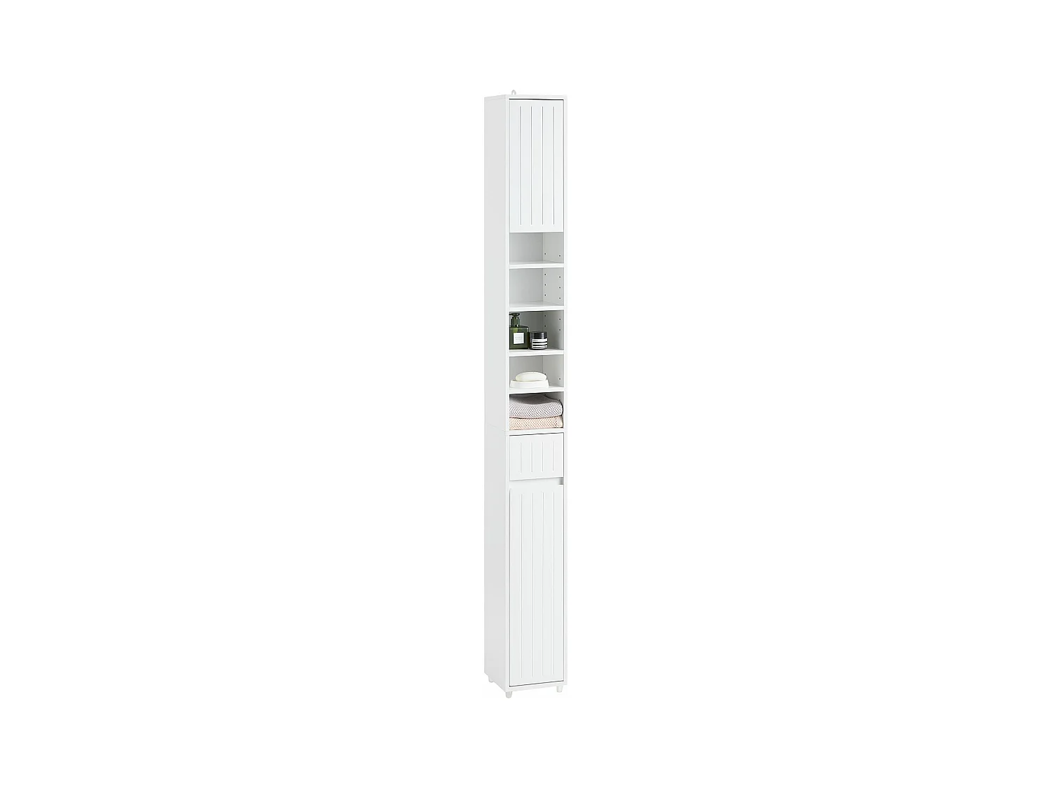 SoBuy Meuble Colonne Salle de Bain, Armoire Étroite 1 Tiroir, 2 Portes, 5 Compartiments, Étagères Réglables, Blanc 20x20x180 cm BZR160-W