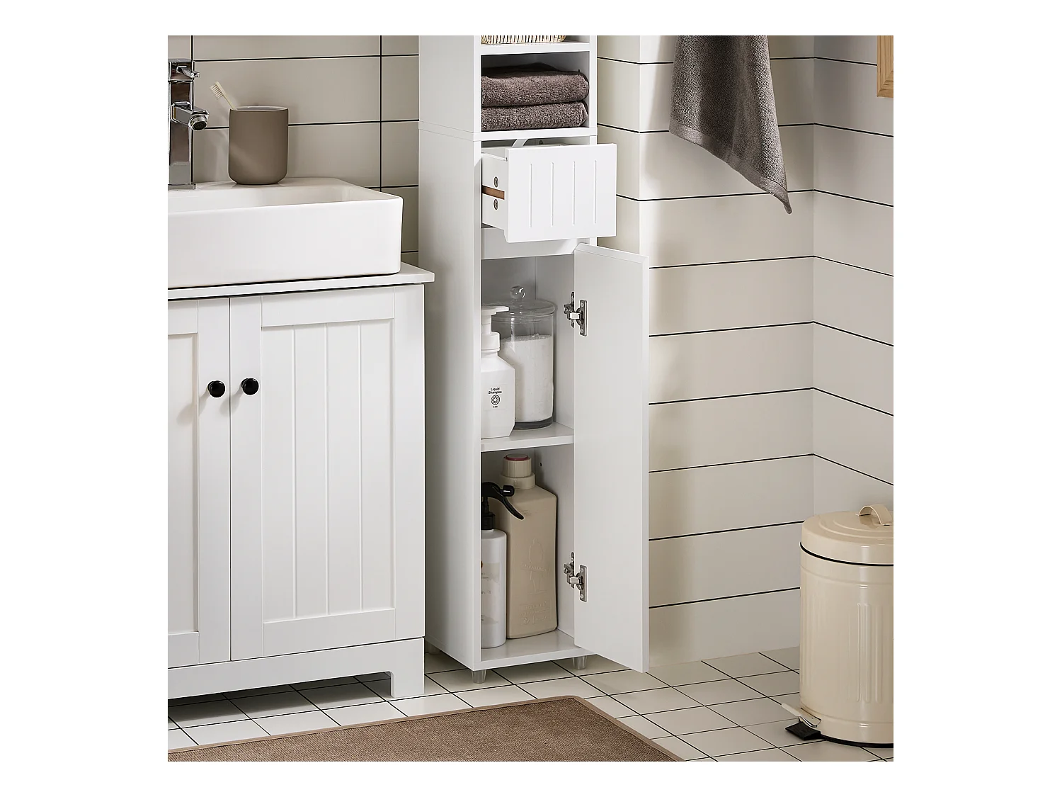 SoBuy Meuble Colonne Salle de Bain, Armoire Étroite 1 Tiroir, 2 Portes, 5 Compartiments, Étagères Réglables, Blanc 20x20x180 cm BZR160-W