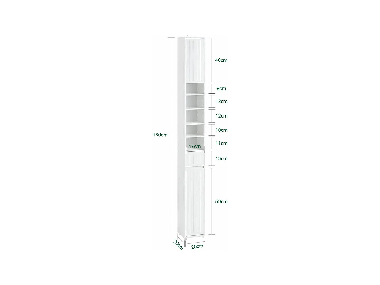 SoBuy Meuble Colonne Salle de Bain, Armoire Étroite 1 Tiroir, 2 Portes, 5 Compartiments, Étagères Réglables, Blanc 20x20x180 cm BZR160-W