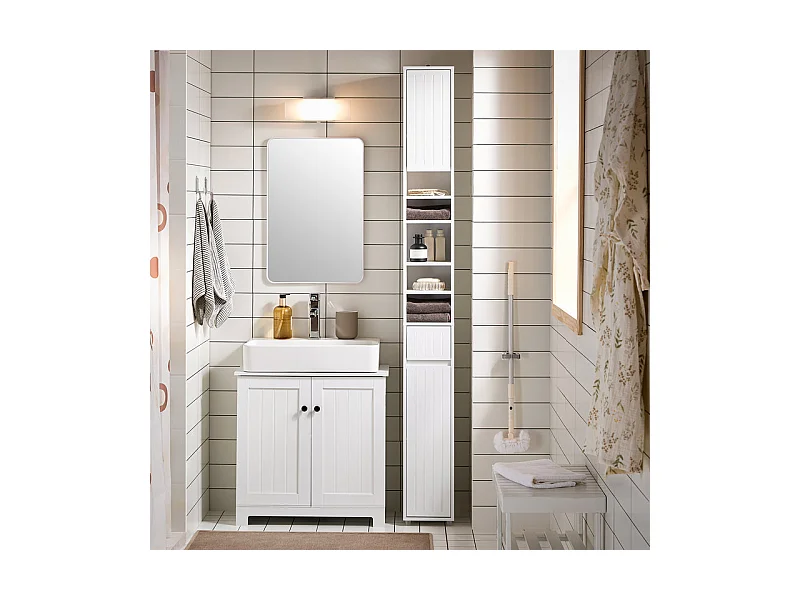 SoBuy Meuble Colonne Salle de Bain, Armoire Étroite 1 Tiroir, 2 Portes, 5 Compartiments, Étagères Réglables, Blanc 20x20x180 cm BZR160-W