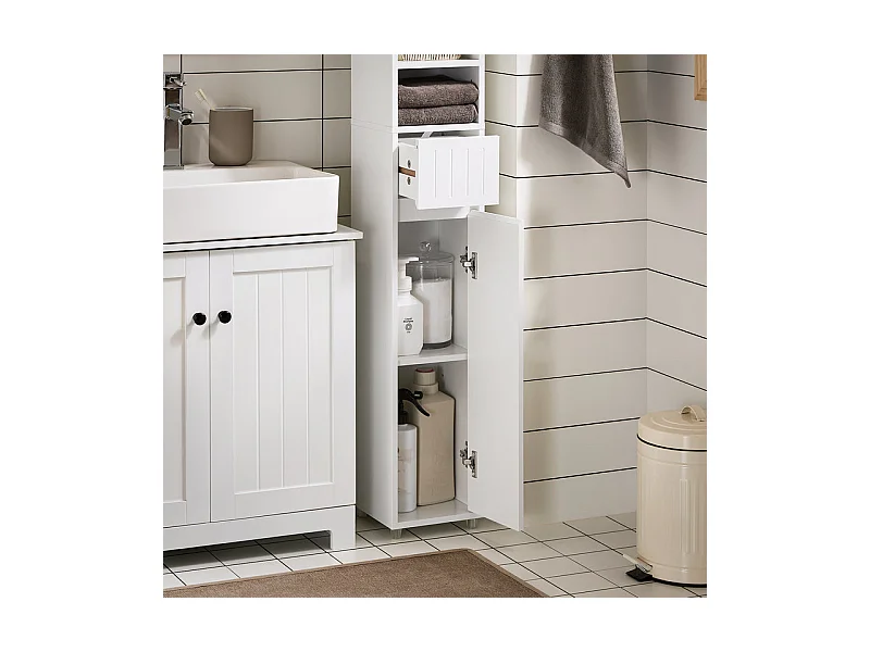 SoBuy Meuble Colonne Salle de Bain, Armoire Étroite 1 Tiroir, 2 Portes, 5 Compartiments, Étagères Réglables, Blanc 20x20x180 cm BZR160-W