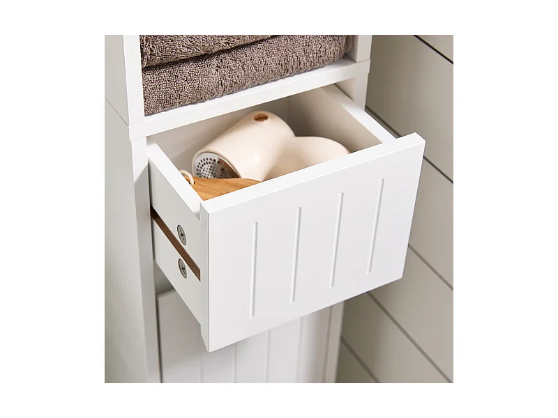 SoBuy Meuble Colonne Salle de Bain, Armoire Étroite 1 Tiroir, 2 Portes, 5 Compartiments, Étagères Réglables, Blanc 20x20x180 cm BZR160-W