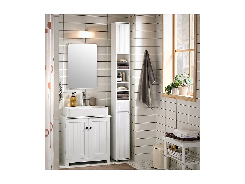 SoBuy Meuble Colonne Salle de Bain, Armoire Étroite 1 Tiroir, 2 Portes, 5 Compartiments, Étagères Réglables, Blanc 20x20x180 cm BZR160-W