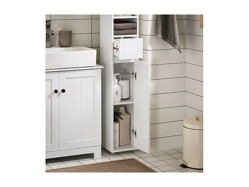 SoBuy Meuble Colonne Salle de Bain, Armoire Étroite 1 Tiroir, 2 Portes, 5 Compartiments, Étagères Réglables, Blanc 20x20x180 cm BZR160-W