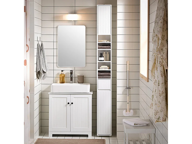 SoBuy Meuble Colonne Salle de Bain, Armoire Étroite 1 Tiroir, 2 Portes, 5 Compartiments, Étagères Réglables, Blanc 20x20x180 cm BZR160-W