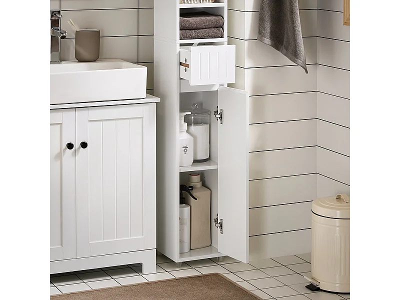 SoBuy Meuble Colonne Salle de Bain, Armoire Étroite 1 Tiroir, 2 Portes, 5 Compartiments, Étagères Réglables, Blanc 20x20x180 cm BZR160-W