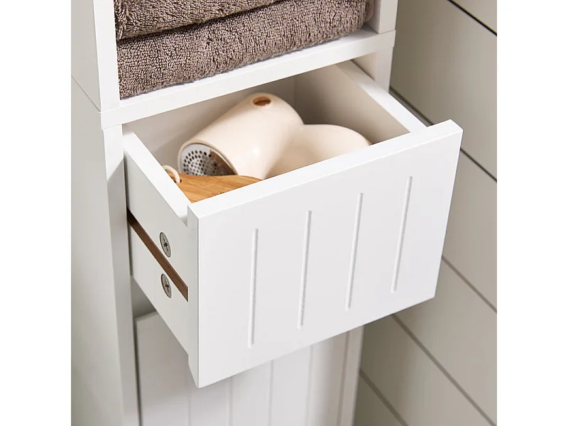 SoBuy Meuble Colonne Salle de Bain, Armoire Étroite 1 Tiroir, 2 Portes, 5 Compartiments, Étagères Réglables, Blanc 20x20x180 cm BZR160-W