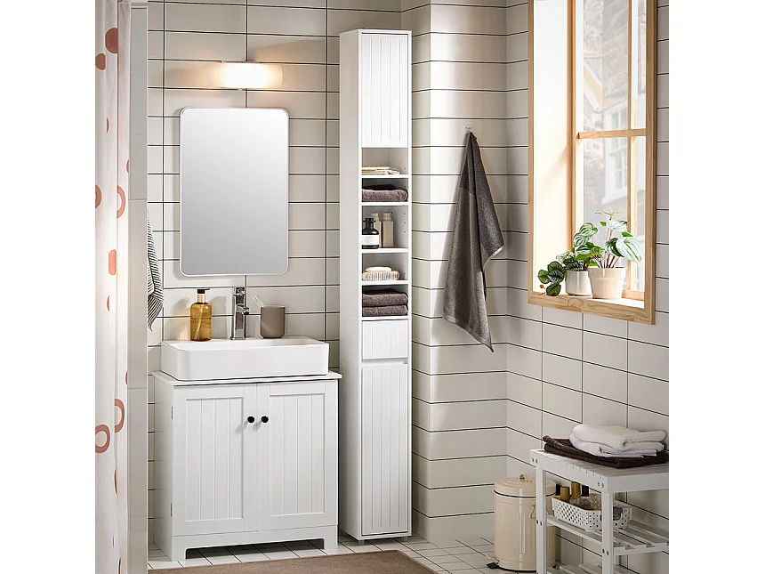 SoBuy Meuble Colonne Salle de Bain, Armoire Étroite 1 Tiroir, 2 Portes, 5 Compartiments, Étagères Réglables, Blanc 20x20x180 cm BZR160-W