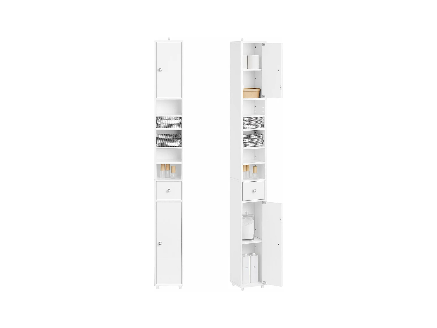 SoBuy Meuble Colonne Salle de Bain, Armoire Étroite 1 Tiroir, 2 Portes, 5 Compartiments, Étagères Réglables, Blanc Brillant, 20x20x180cm BZR167-GW
