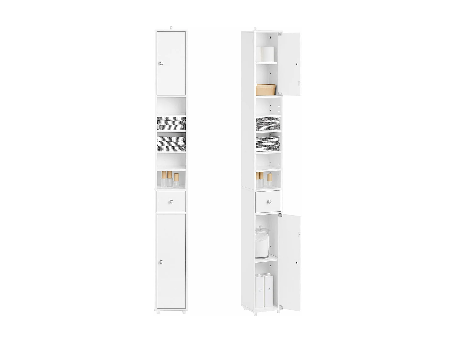 SoBuy Meuble Colonne Salle de Bain, Armoire Étroite 1 Tiroir, 2 Portes, 5 Compartiments, Étagères Réglables, Blanc Brillant, 20x20x180cm BZR167-GW
