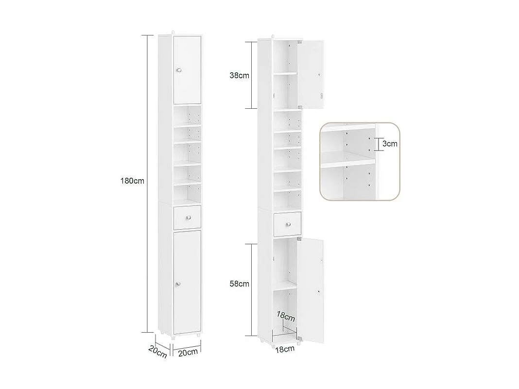SoBuy Meuble Colonne Salle de Bain, Armoire Étroite 1 Tiroir, 2 Portes, 5 Compartiments, Étagères Réglables, Blanc Brillant, 20x20x180cm BZR167-GW