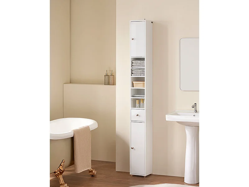 SoBuy Meuble Colonne Salle de Bain, Armoire Étroite 1 Tiroir, 2 Portes, 5 Compartiments, Étagères Réglables, Blanc Brillant, 20x20x180cm BZR167-GW
