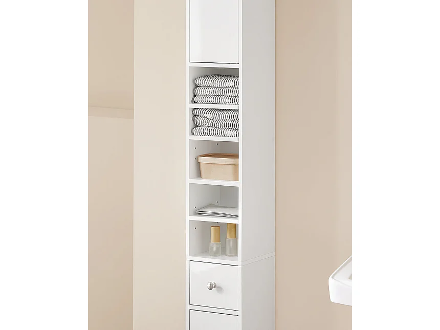 SoBuy Meuble Colonne Salle de Bain, Armoire Étroite 1 Tiroir, 2 Portes, 5 Compartiments, Étagères Réglables, Blanc Brillant, 20x20x180cm BZR167-GW