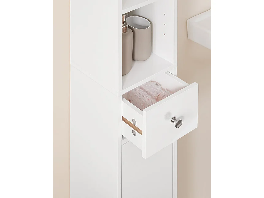 SoBuy Meuble Colonne Salle de Bain, Armoire Étroite 1 Tiroir, 2 Portes, 5 Compartiments, Étagères Réglables, Blanc Brillant, 20x20x180cm BZR167-GW