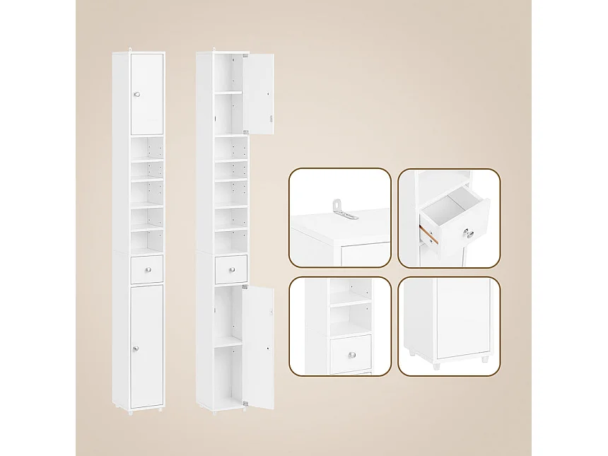 SoBuy Meuble Colonne Salle de Bain, Armoire Étroite 1 Tiroir, 2 Portes, 5 Compartiments, Étagères Réglables, Blanc Brillant, 20x20x180cm BZR167-GW
