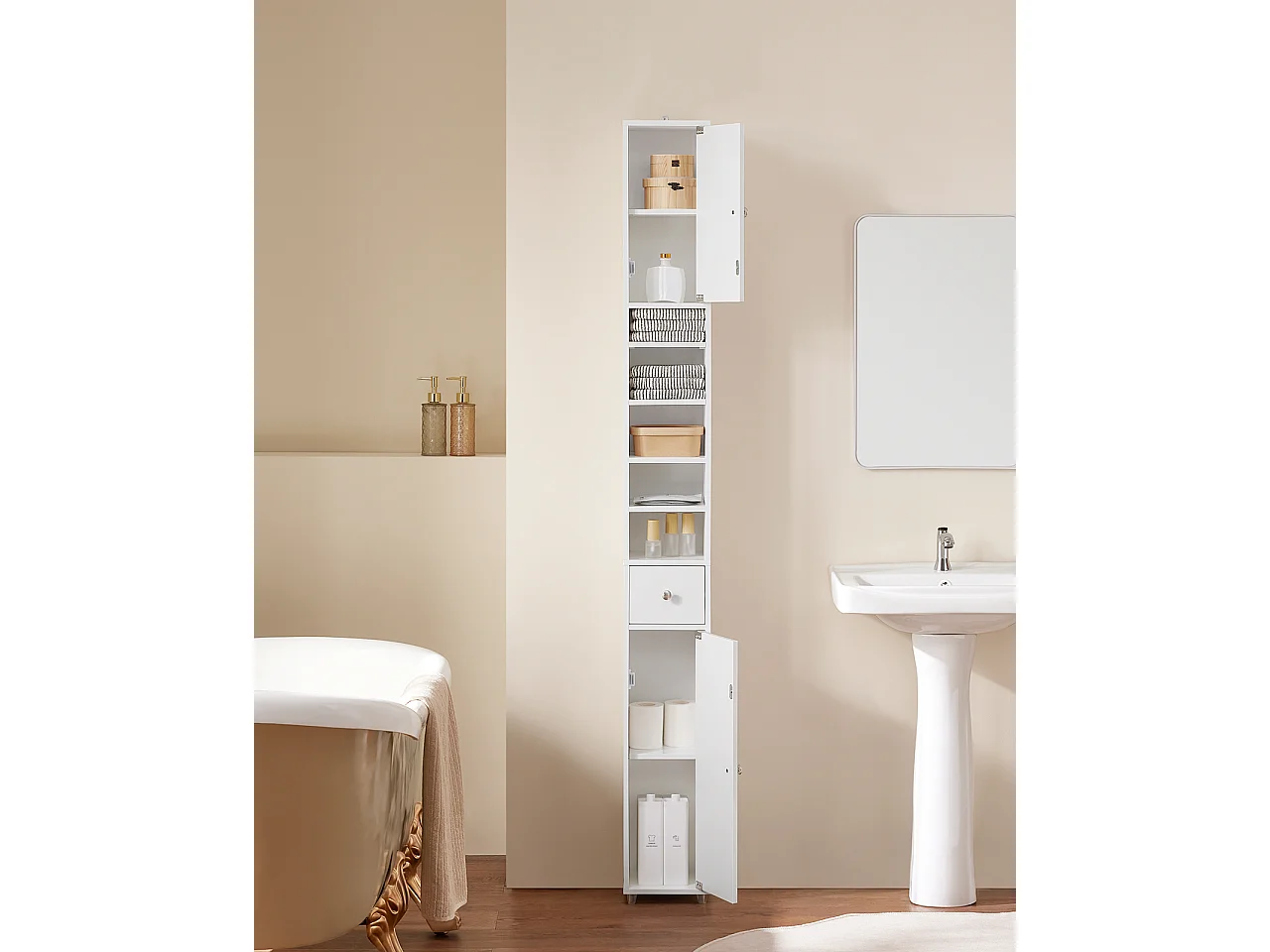 SoBuy Meuble Colonne Salle de Bain, Armoire Étroite 1 Tiroir, 2 Portes, 5 Compartiments, Étagères Réglables, Blanc Brillant, 20x20x180cm BZR167-GW