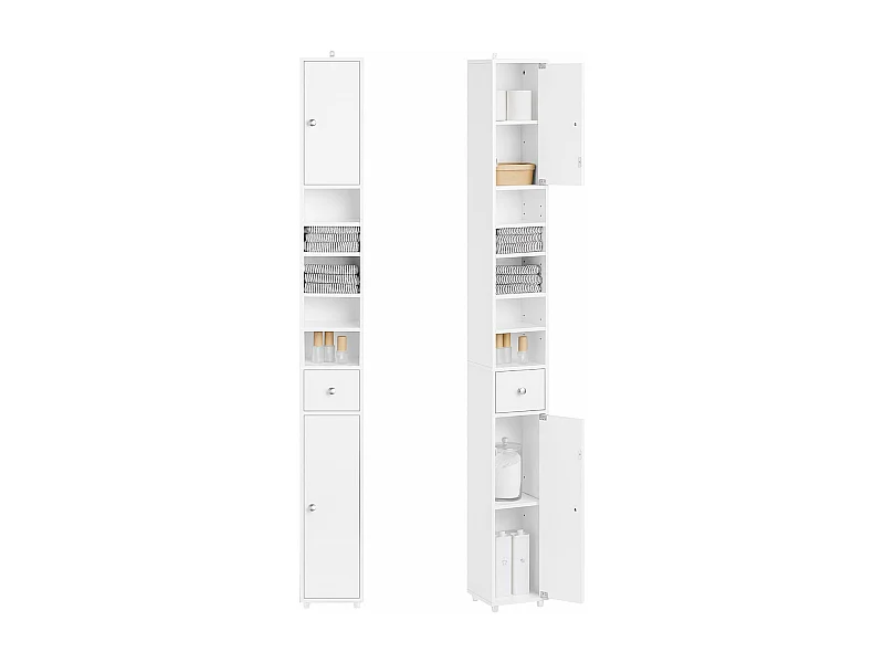 SoBuy Meuble Colonne Salle de Bain, Armoire Étroite 1 Tiroir, 2 Portes, 5 Compartiments, Étagères Réglables, Blanc Brillant, 20x20x180cm BZR167-GW
