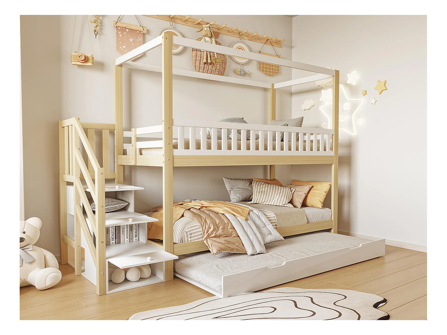 Lit superposé 90x200cm en bois massif - avec un lit gigogne 90x190cm et échelle de rangement - Blanc & Naturel