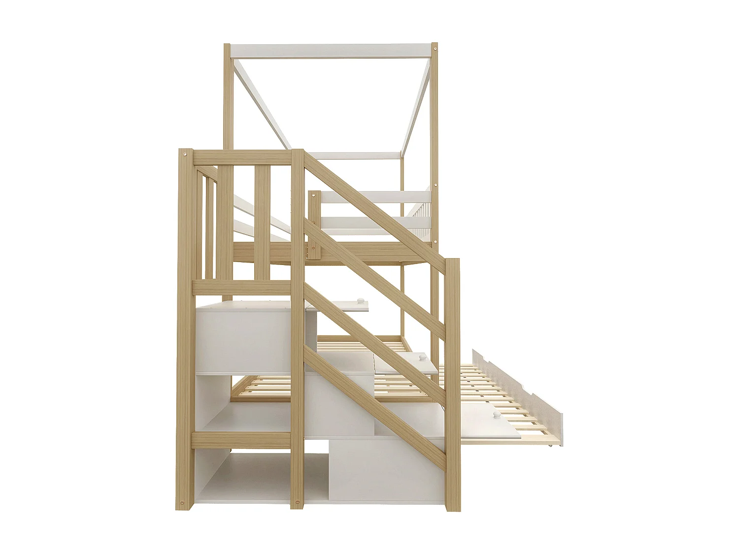 Litera de madera maciza de 90x200 cm - con cama nido de 90x190 cm y escalera de almacenaje - Blanco y Natural