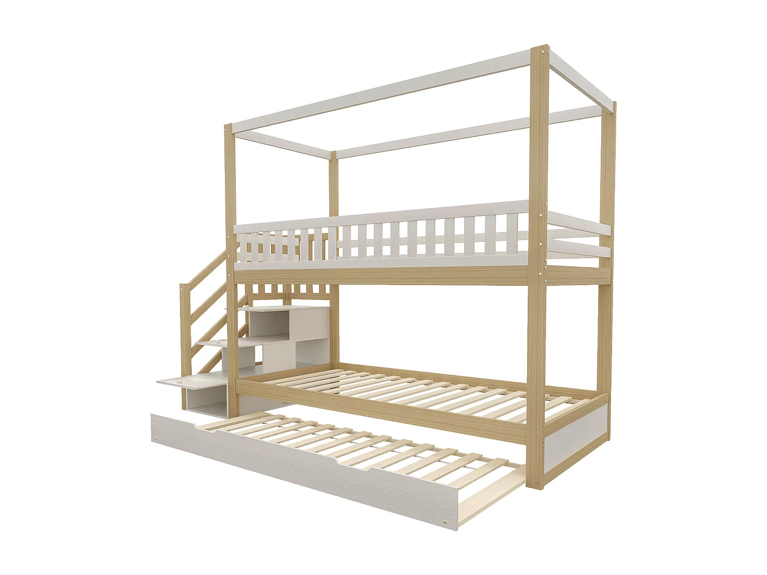Litera de madera maciza de 90x200 cm - con cama nido de 90x190 cm y escalera de almacenaje - Blanco y Natural