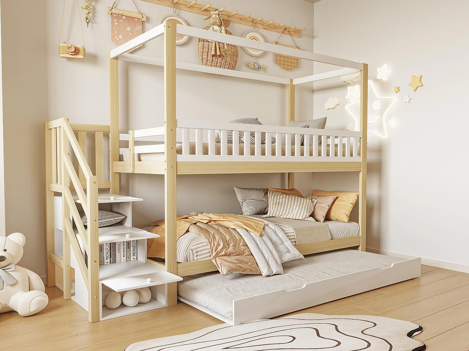 Lit superposé 90x200cm en bois massif - avec un lit gigogne 90x190cm et échelle de rangement - Blanc & Naturel