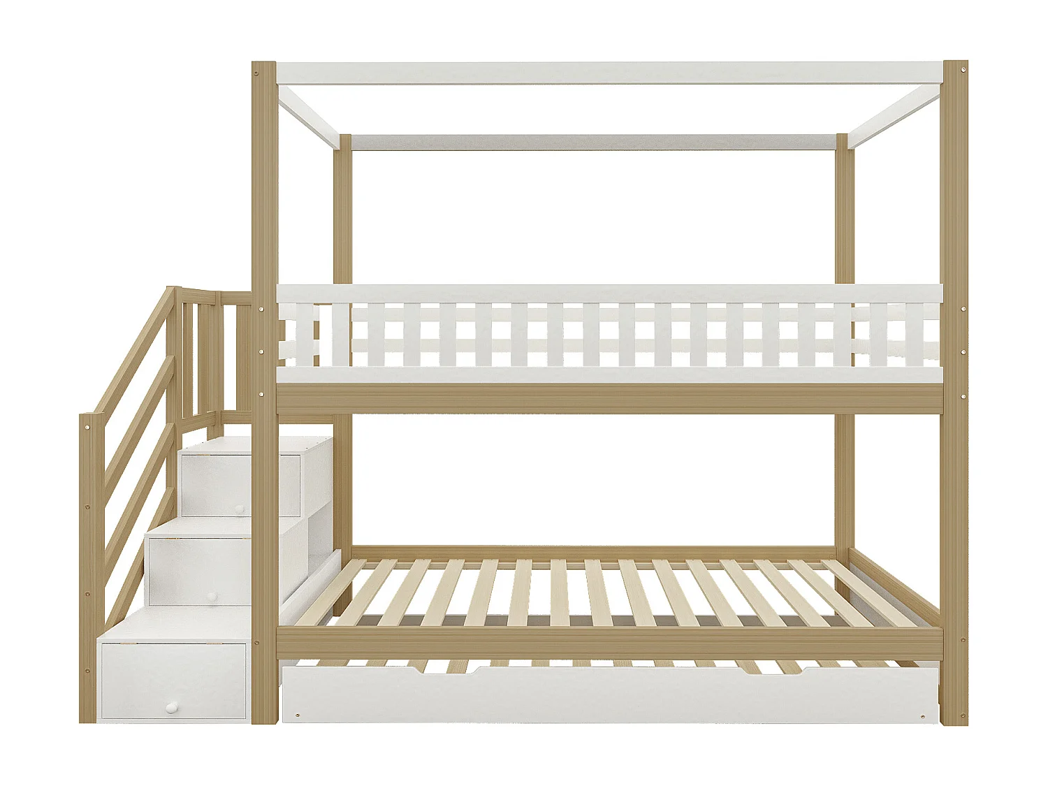 Lit superposé 90x200cm en bois massif - avec un lit gigogne 90x190cm et échelle de rangement - Blanc & Naturel