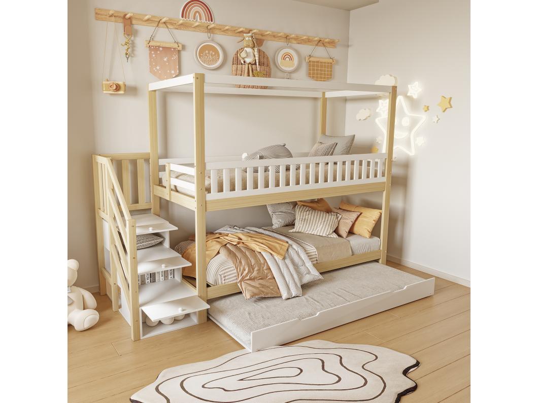Litera de madera maciza de 90x200 cm - con cama nido de 90x190 cm y escalera de almacenaje - Blanco y Natural
