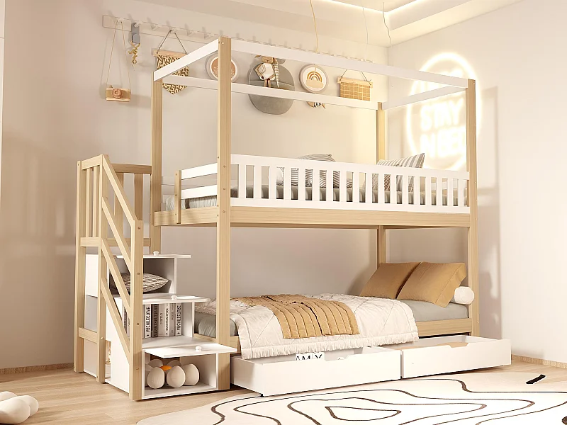 Litera 90x200 cm de madera maciza - con 4 cajones y escalera de almacenamiento - Blanco y Natural