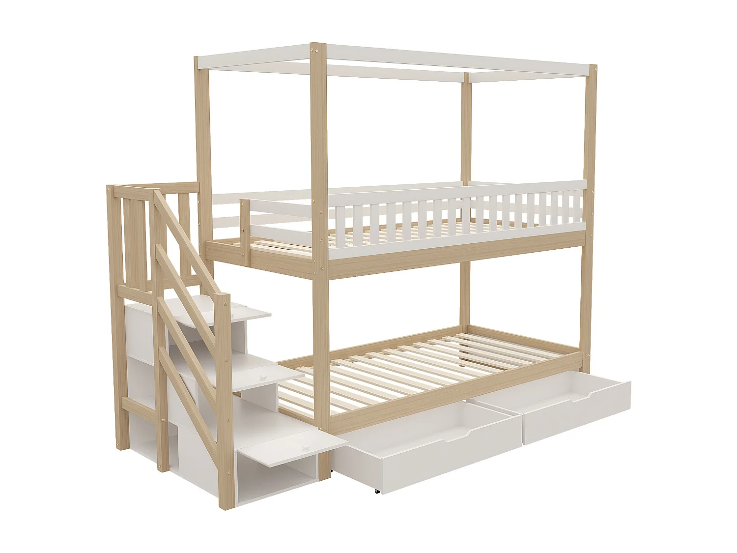 Lit superposé 90x200 cm en bois massif - avec 4 tiroirs et échelle de rangement - Blanc & Naturel