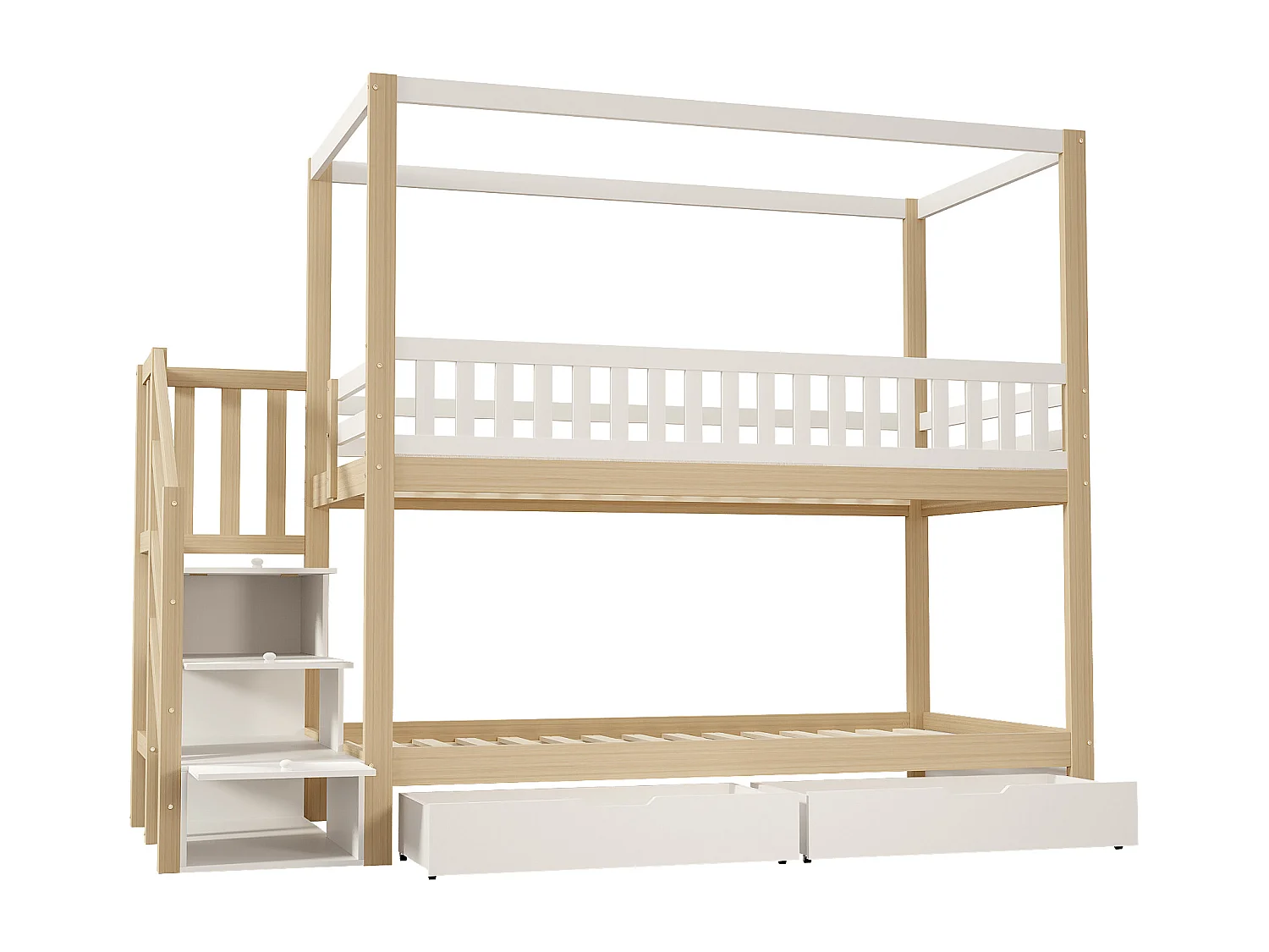 Lit superposé 90x200 cm en bois massif - avec 4 tiroirs et échelle de rangement - Blanc & Naturel
