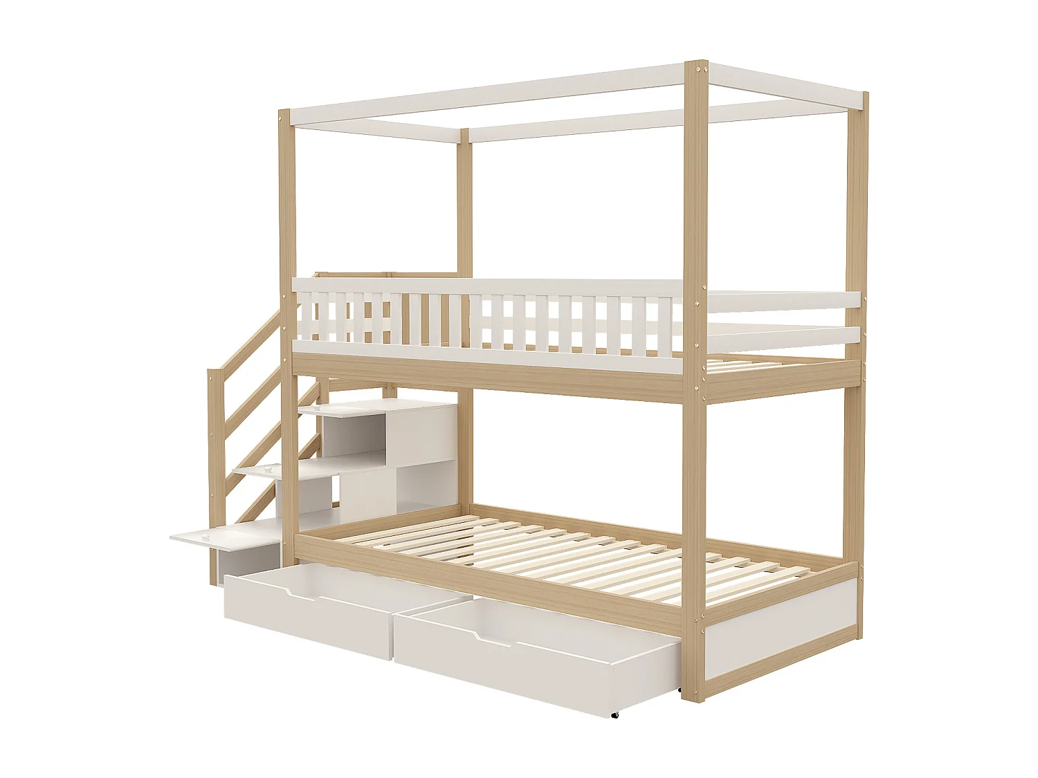 Lit superposé 90x200 cm en bois massif - avec 4 tiroirs et échelle de rangement - Blanc & Naturel