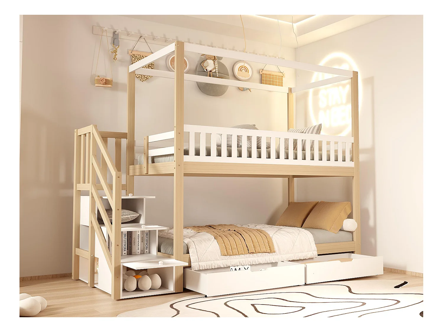 Letto a castello 90x200 cm in legno massello - con 4 cassetti e scaletta portaoggetti - Bianco e naturale