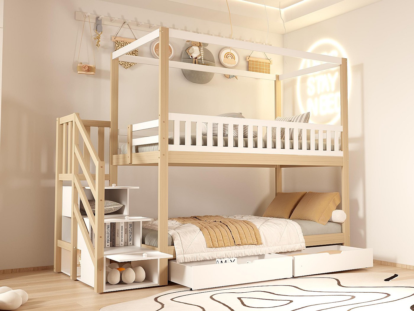 Lit Superposé 90/120x200cm Pour Enfants Avec 2 Tiroirs, Armoire D'échelle D'angle, Fenêtres