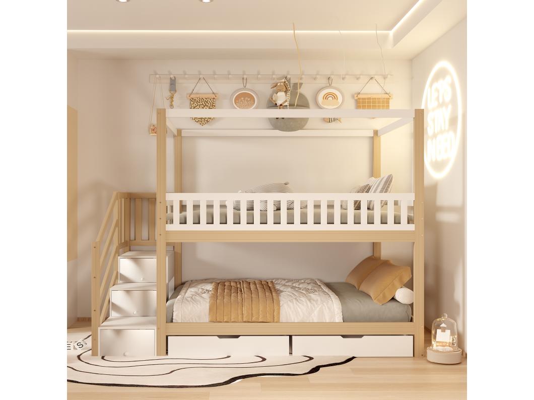 Letto a castello 90x200 cm in legno massello - con 4 cassetti e scaletta portaoggetti - Bianco e naturale