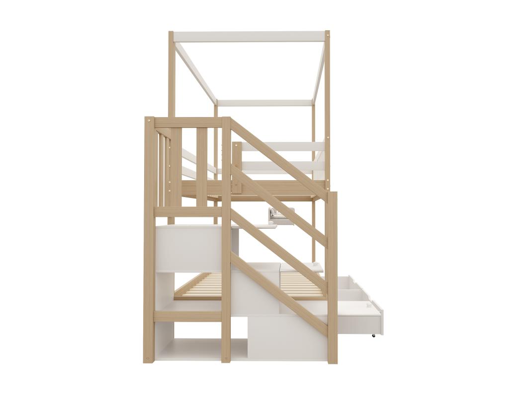 Litera 90x200 cm de madera maciza - con 4 cajones y escalera de almacenamiento - Blanco y Natural